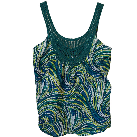 prAna Tank Top Women's Medium Green Blue Mosaic Crochet Details Boho Cotton - Picture 1 of 3
